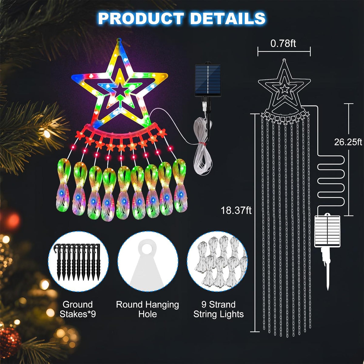 AMIPEPE Luces solares para árbol de Navidad, 18.37 pies 532 LED, ro...