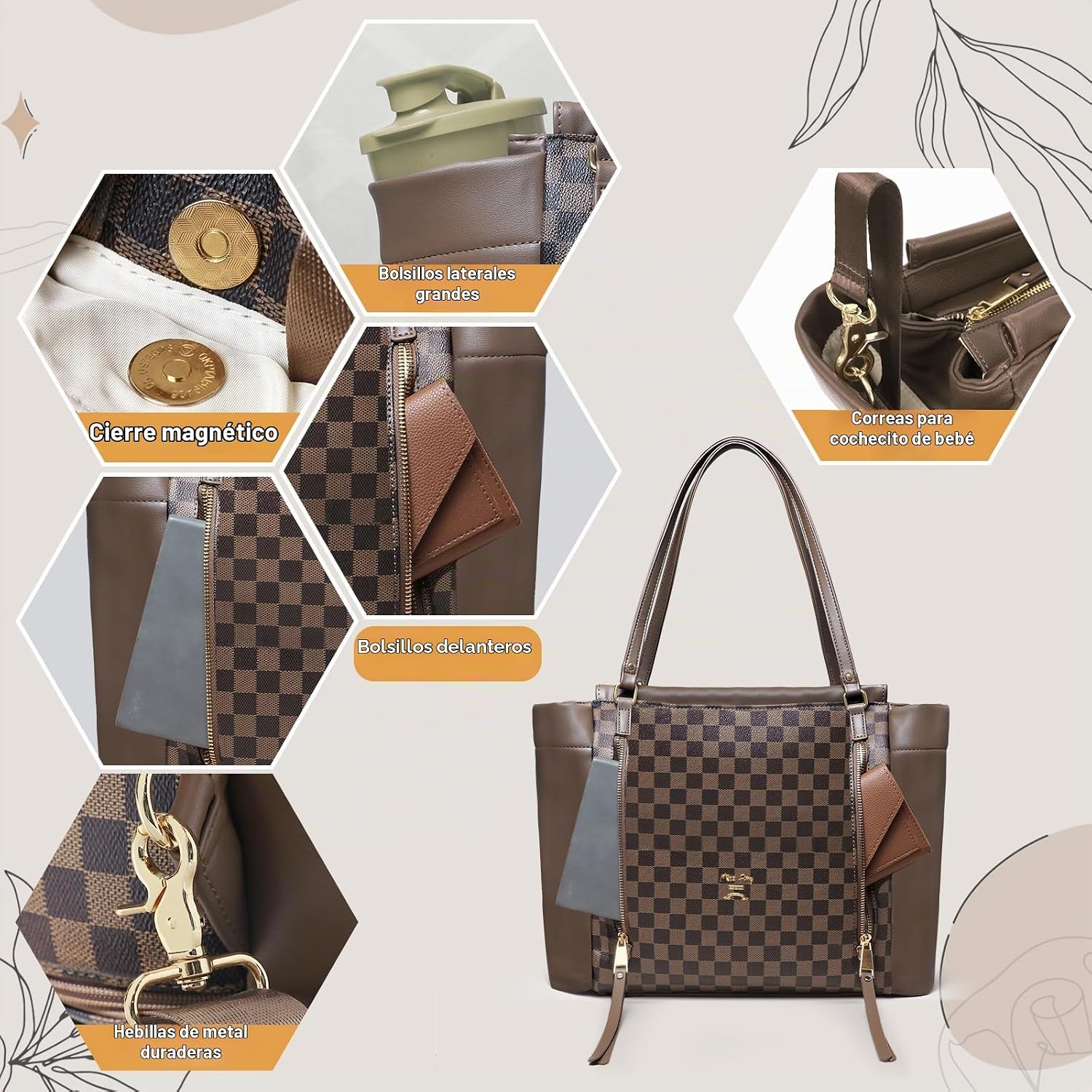 Miss Fong Bolso de pañales de cuero con diseño a cuadros, mochila d...