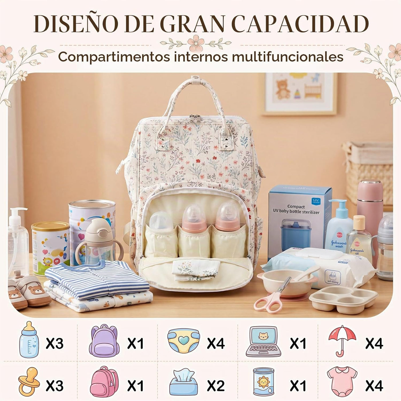 Sunnymove Mochila para pañales de pana blanca clara, para mamá, moc...