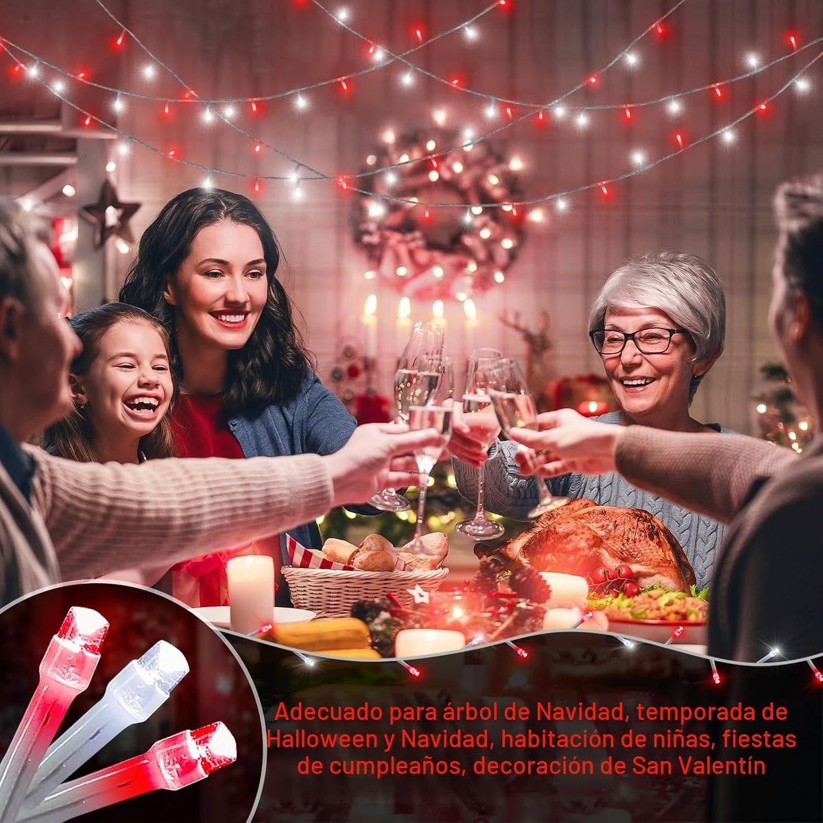 JMEXSUSS 200 LED Cadena de luces rojas y blancas para interiores y...