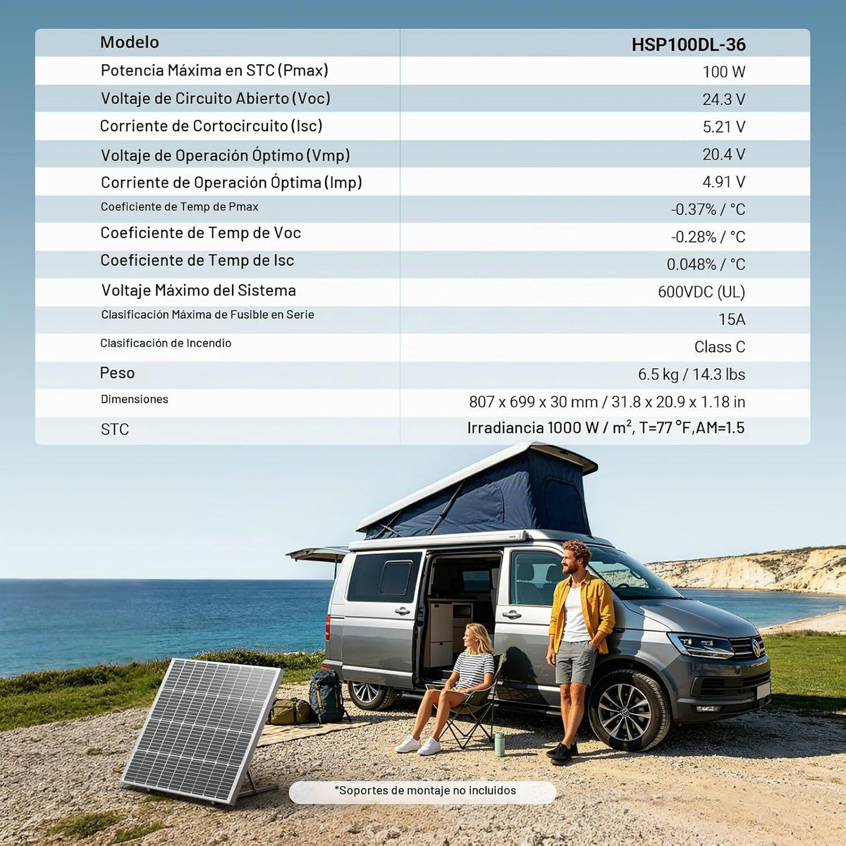 Panel solar HQST 100W 12V, 9BB, 23% de alta eficiencia, celdas de...