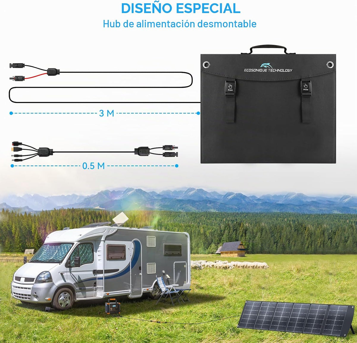 Ecosonique 200W Panel solar plegable portátil MC4 salida para centr...