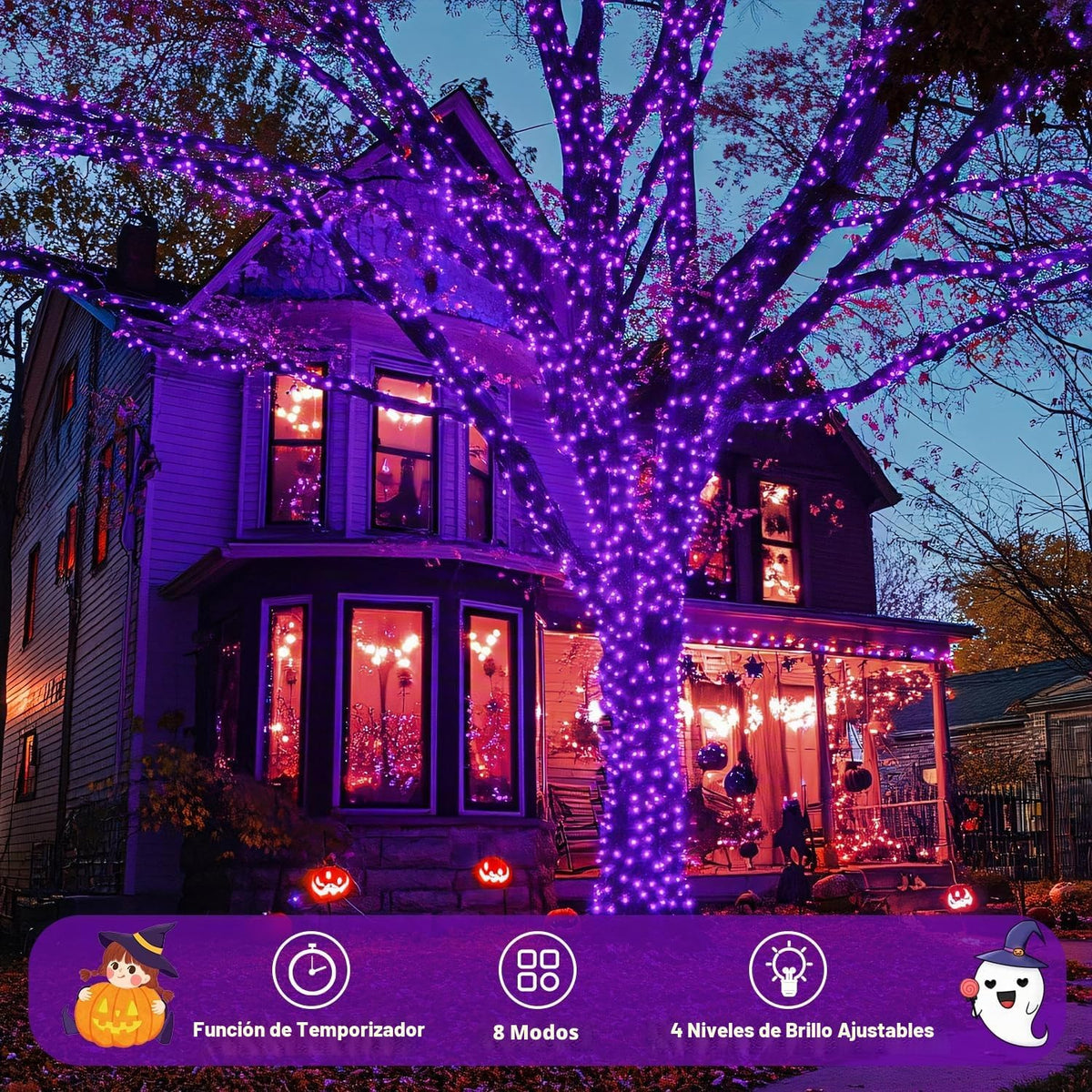 JMEXSUSS 400 luces LED moradas de Halloween al aire libre, luces de...