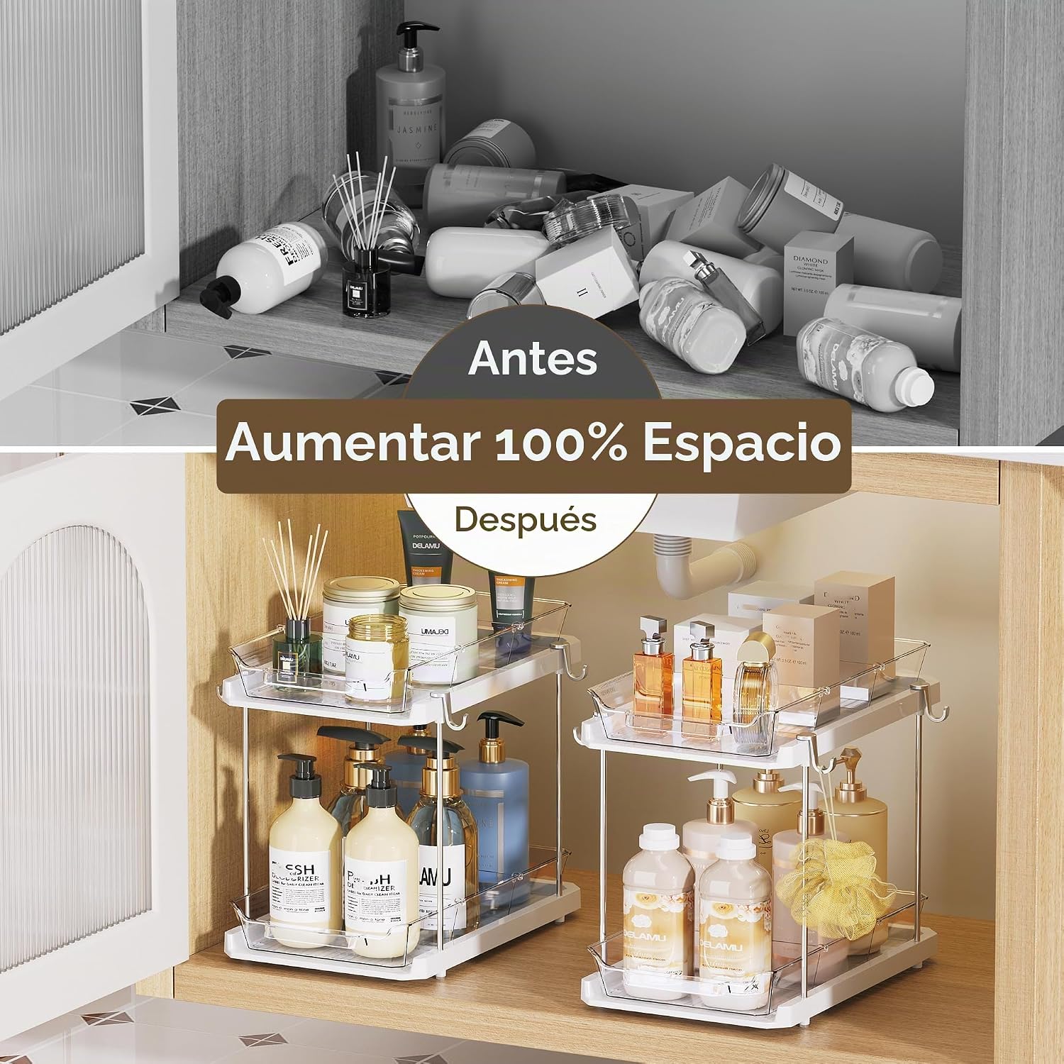 Delamu Organizador de 2 niveles para debajo del fregadero, organiza...