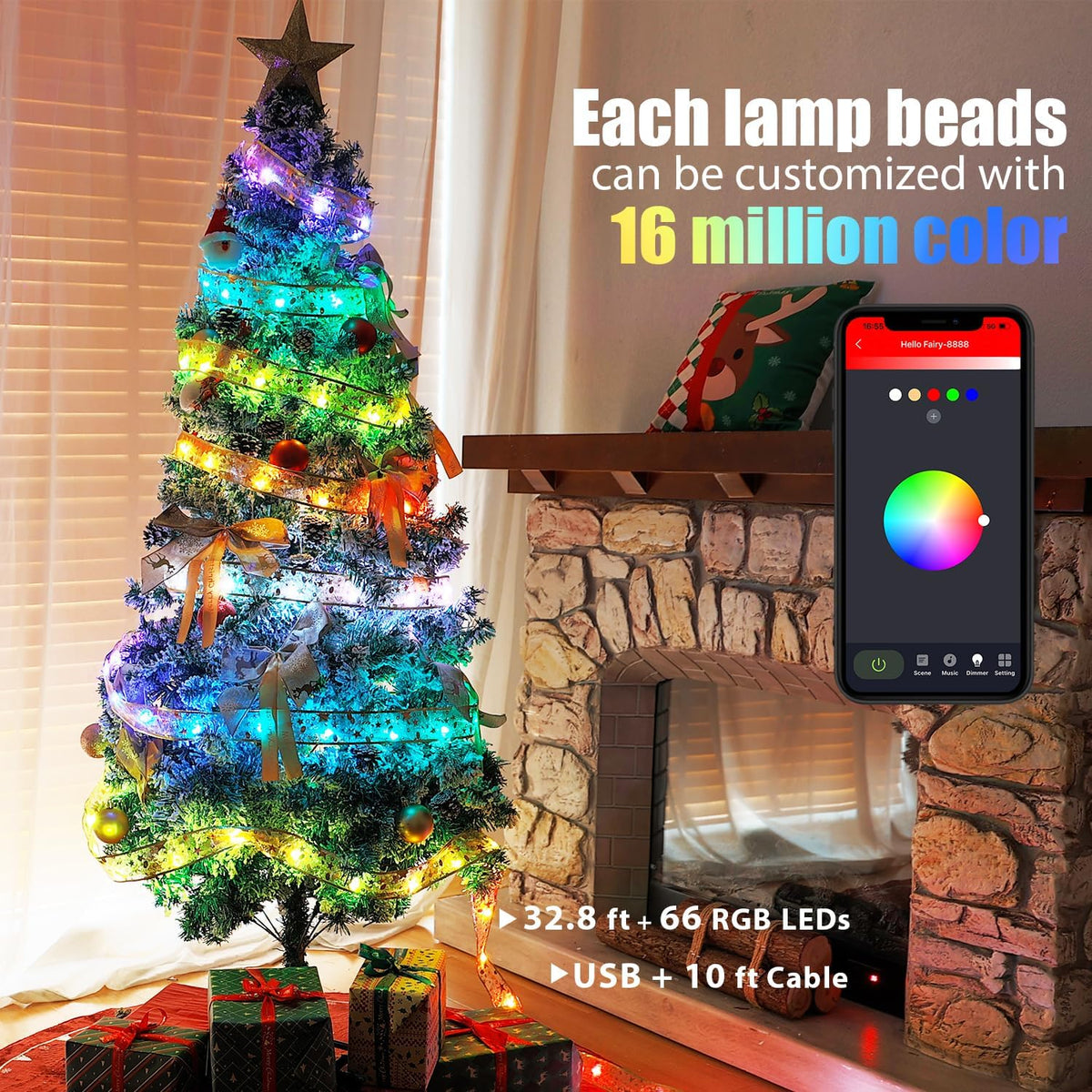 Tira de luces inteligentes para árbol de Navidad de 33 pies, 80 mod...
