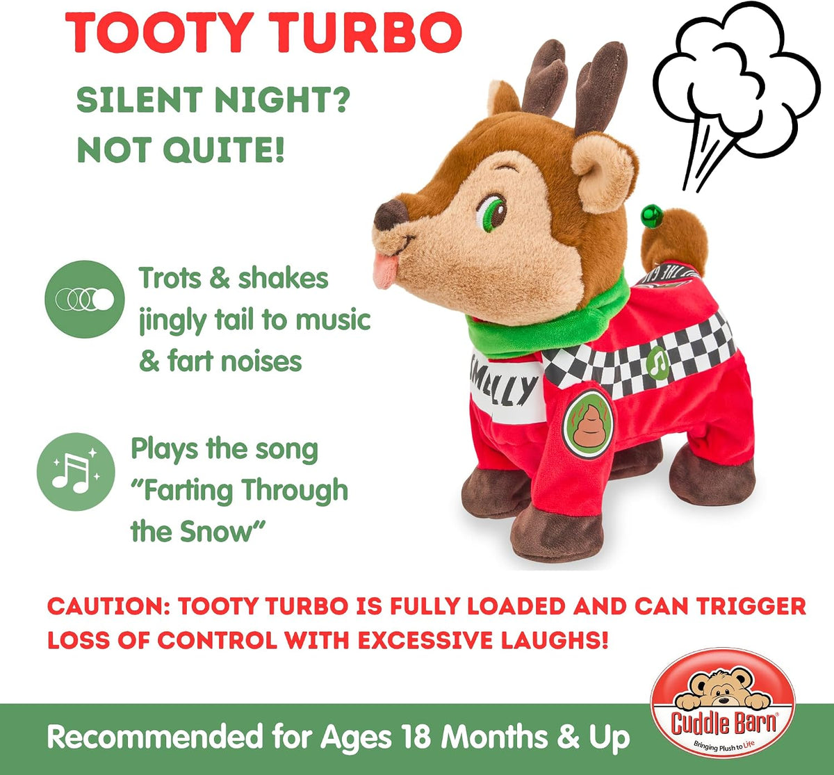 Cuddle Barn Tooty Turbo - Juguete de peluche navideño de renos pedo...