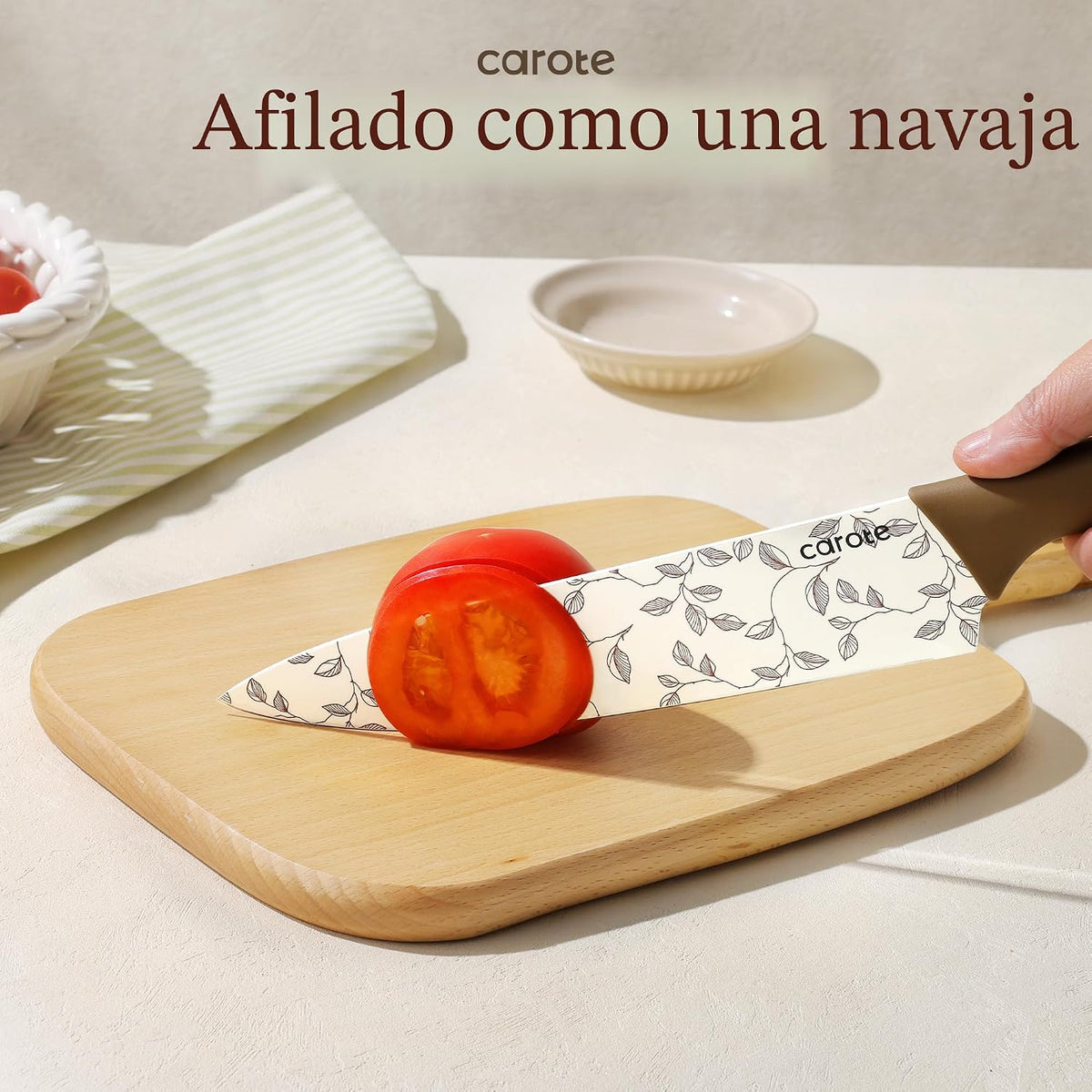 CAROTE Juego de cuchillos de cocina, 6 cuchillos florales con 6 pro...