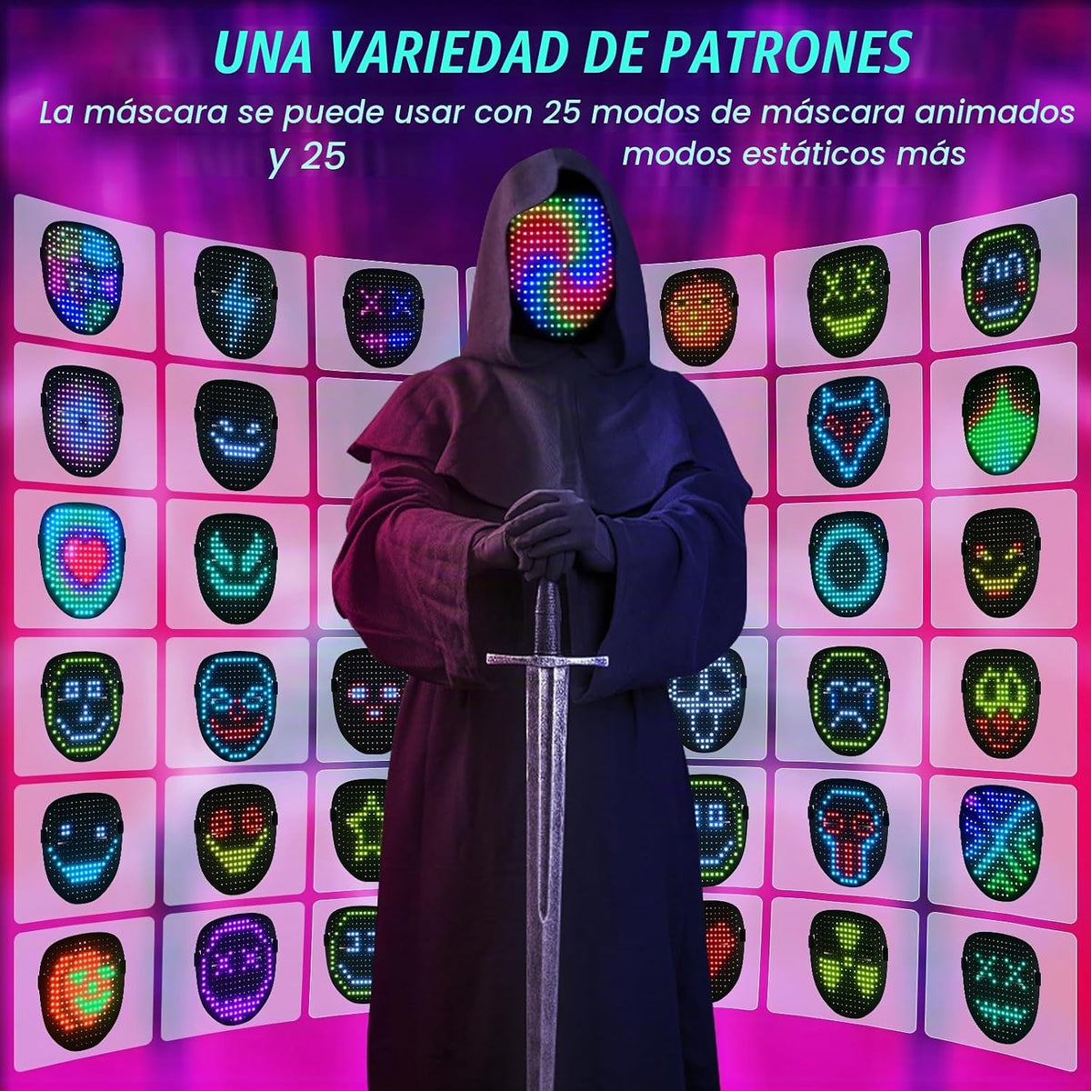 Máscara de luz LED con detección de gestos, disfraces de Halloween...