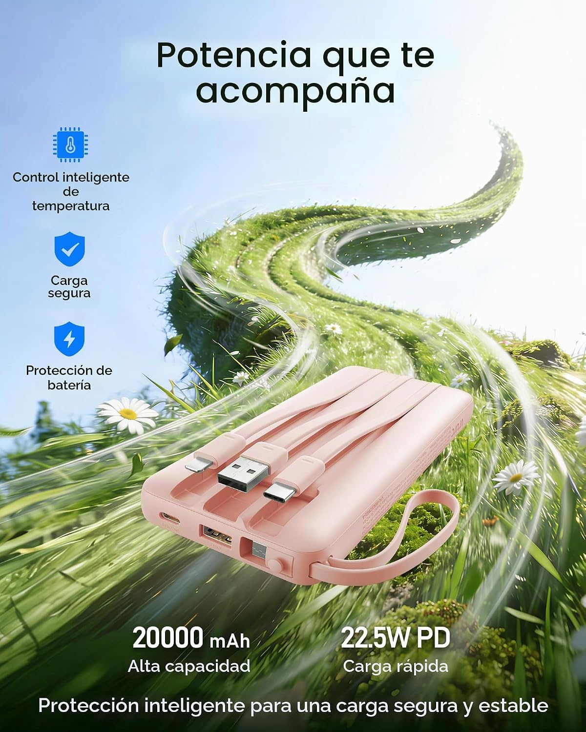 VRURC Cargador portátil 20000mAh 4-Built-in-Cable Banco de energía...
