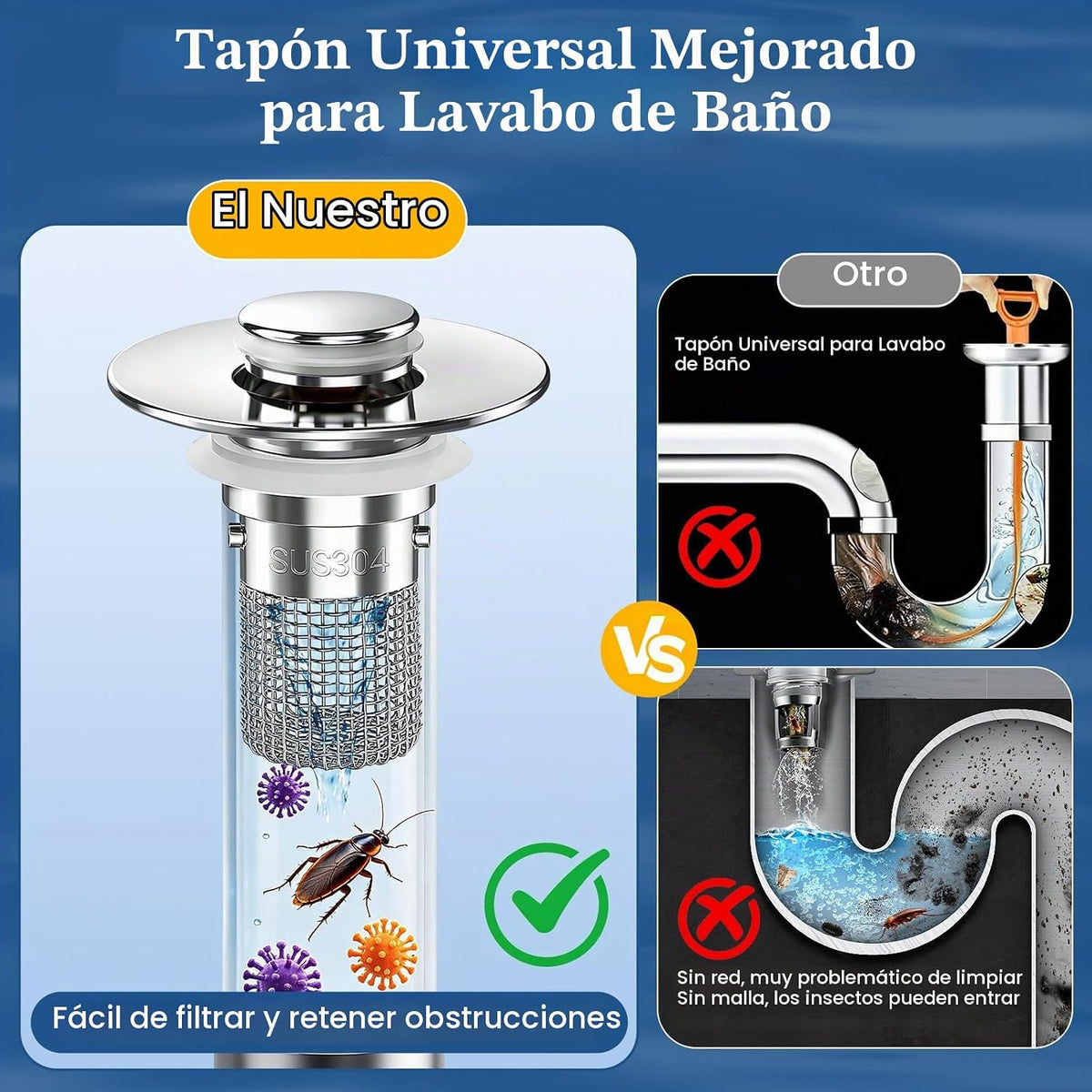 STILLM Colador de drenaje para fregadero de baño, tapón desplegable...