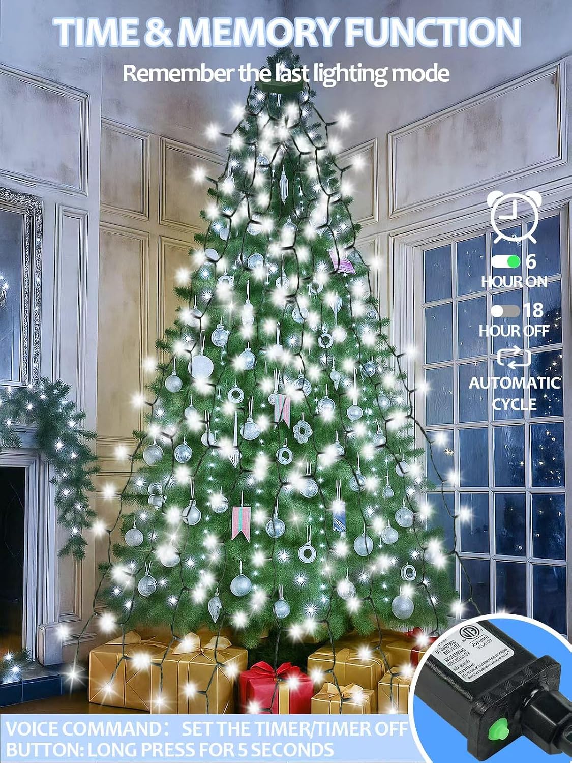 480 luces LED fáciles de árbol de Navidad, 8 pies, luces parpadeant...