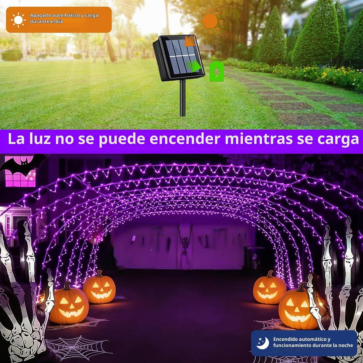 QITONG Luces solares de Halloween moradas, 66 pies, 200 luces LED s...