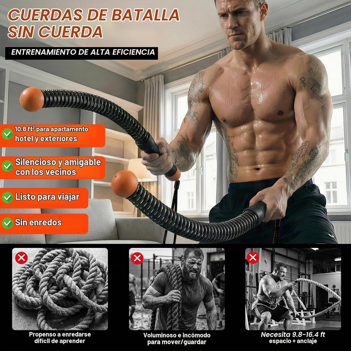 Cuerdas de batalla sin cuerda para gimnasio en casa, cuerdas de bat...