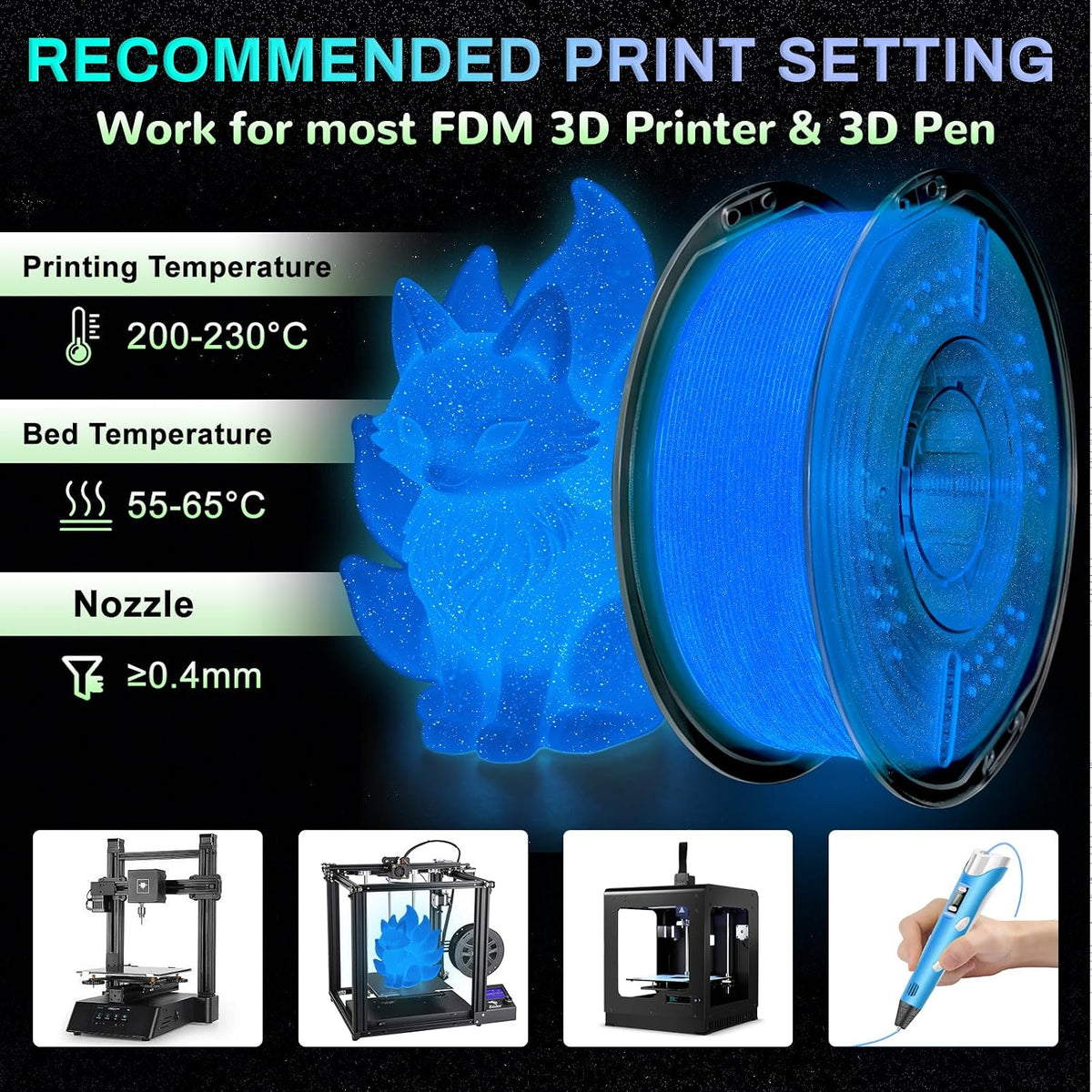 Frucindra Filamento PLA+ para impresora 3D, brillo en la oscuridad,...