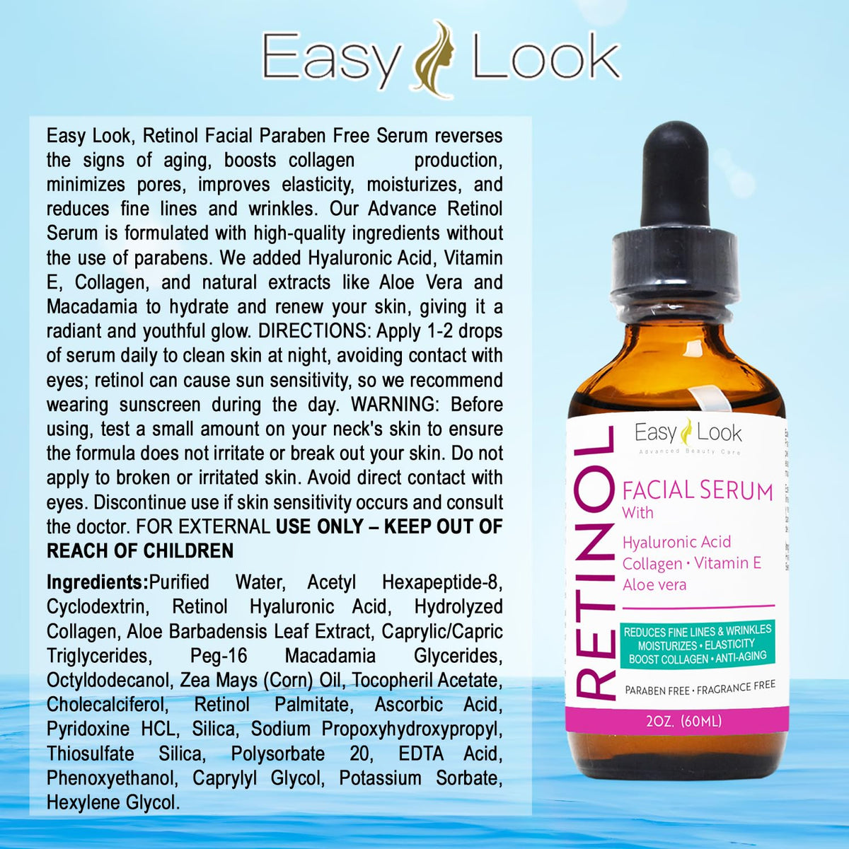 Suero de retinol para la cara con ácido hialurónico hidratante, col...