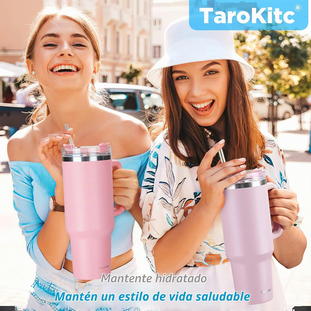 Vaso de 40 onzas con asa y pajilla, taza de viaje aislada rosa para...