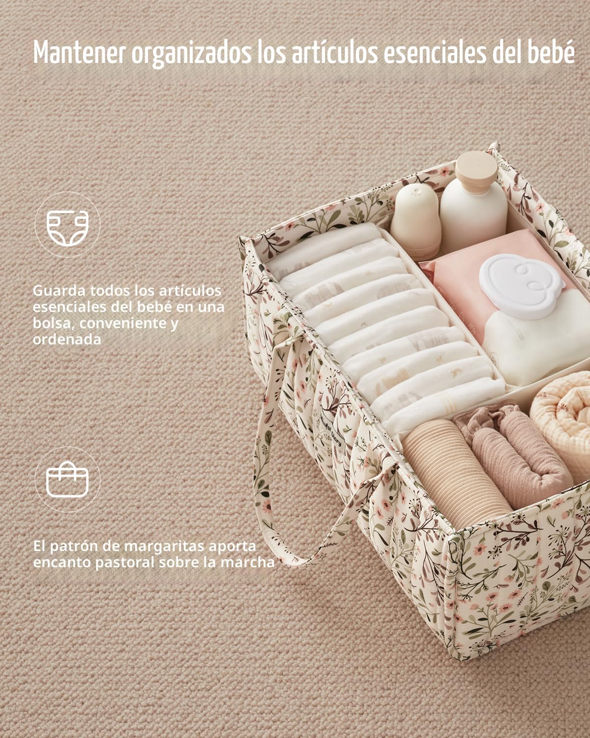 Blissful Diary Organizador de pañales con flores, elegante cesta de...