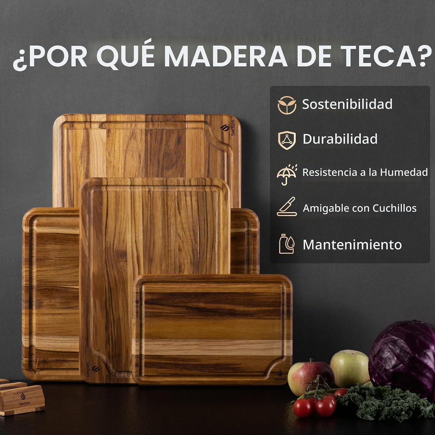 Juego de 4 tablas de cortar de madera de teca para cocina, resisten...