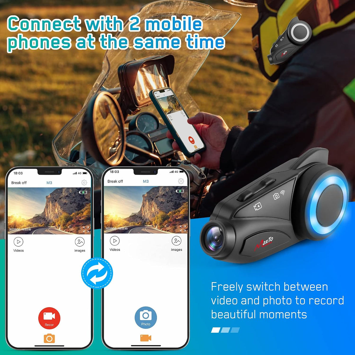 MAXTO Auriculares Bluetooth para Motocicleta con Cámara 1080P HD, M...