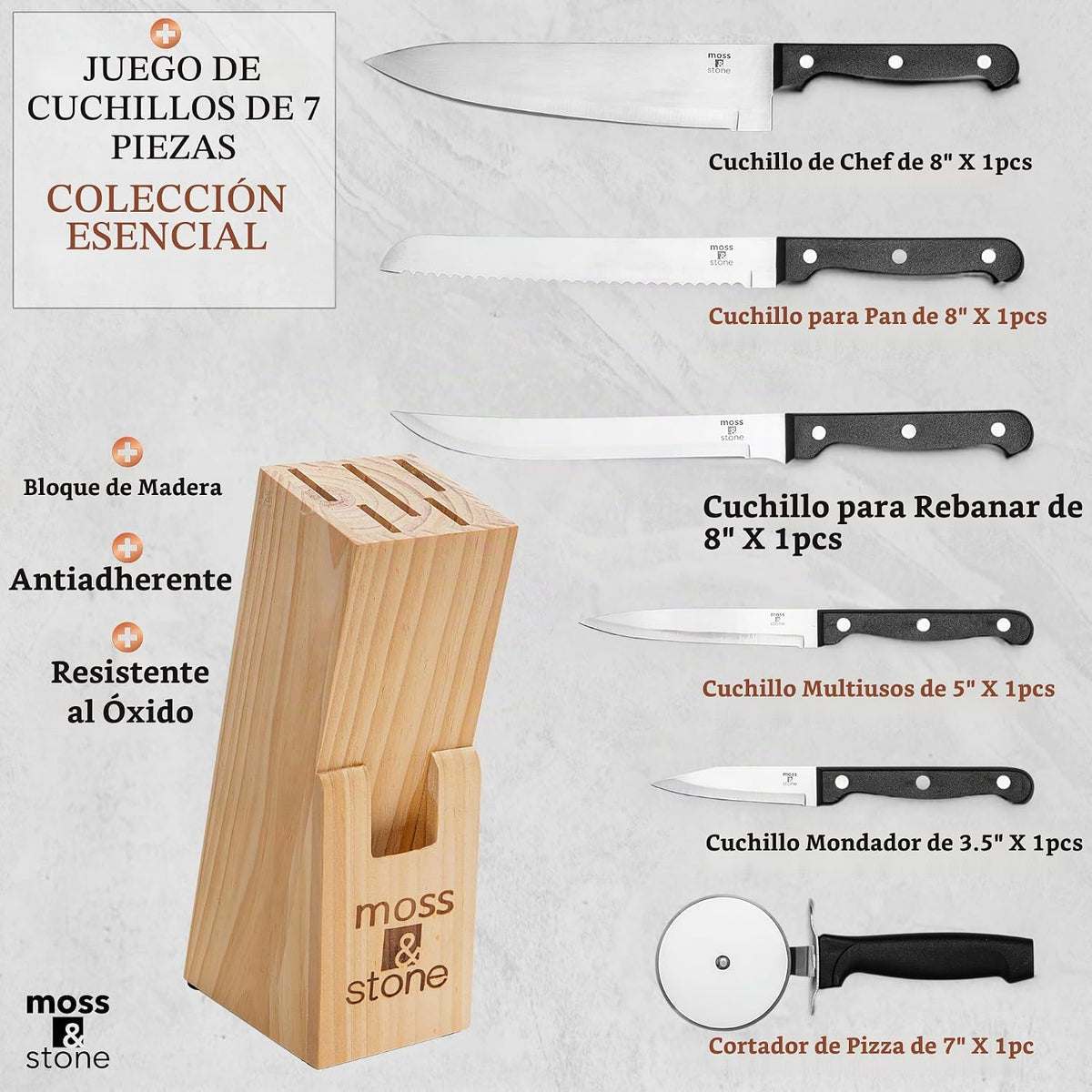 Moss &amp; Stone Juego de cuchillos de cocina de 7 piezas con bloqu...