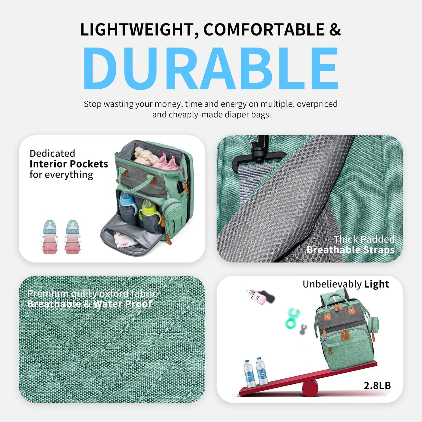 KABAQOO Mochila para pañales con estación de cambio desmontable, bo...