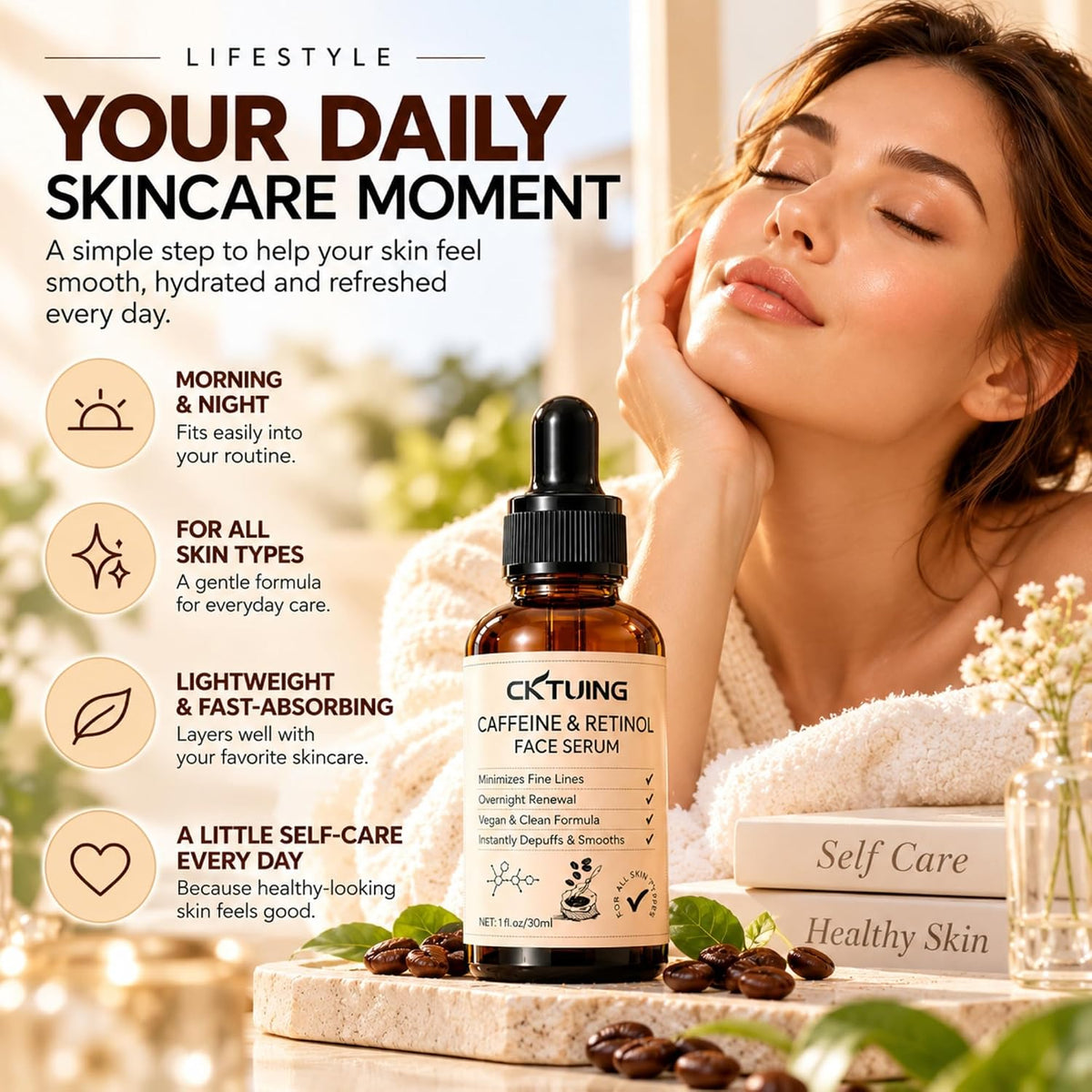 Suero facial de cafeína y retinol con ácido hialurónico, niacinamid...