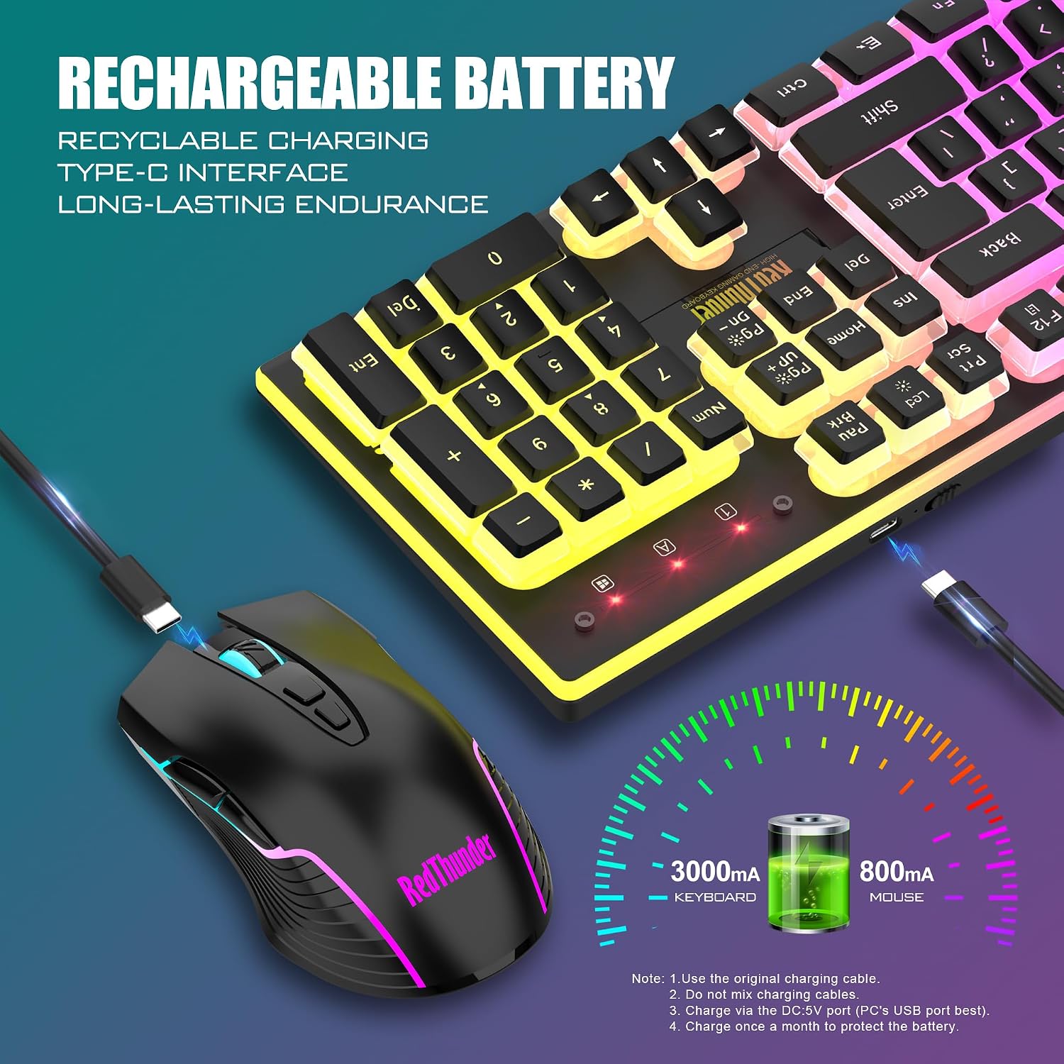 RedThunder K10 Combo de teclado y mouse inalámbricos para juegos, b...