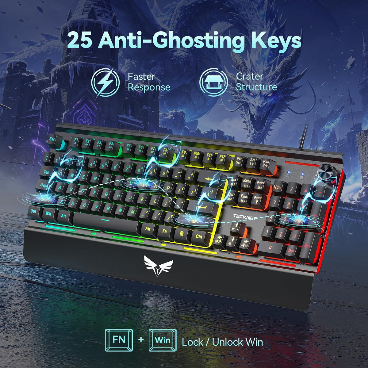 TECKNET Teclado para juegos con cable, teclado RGB de panel metálic...