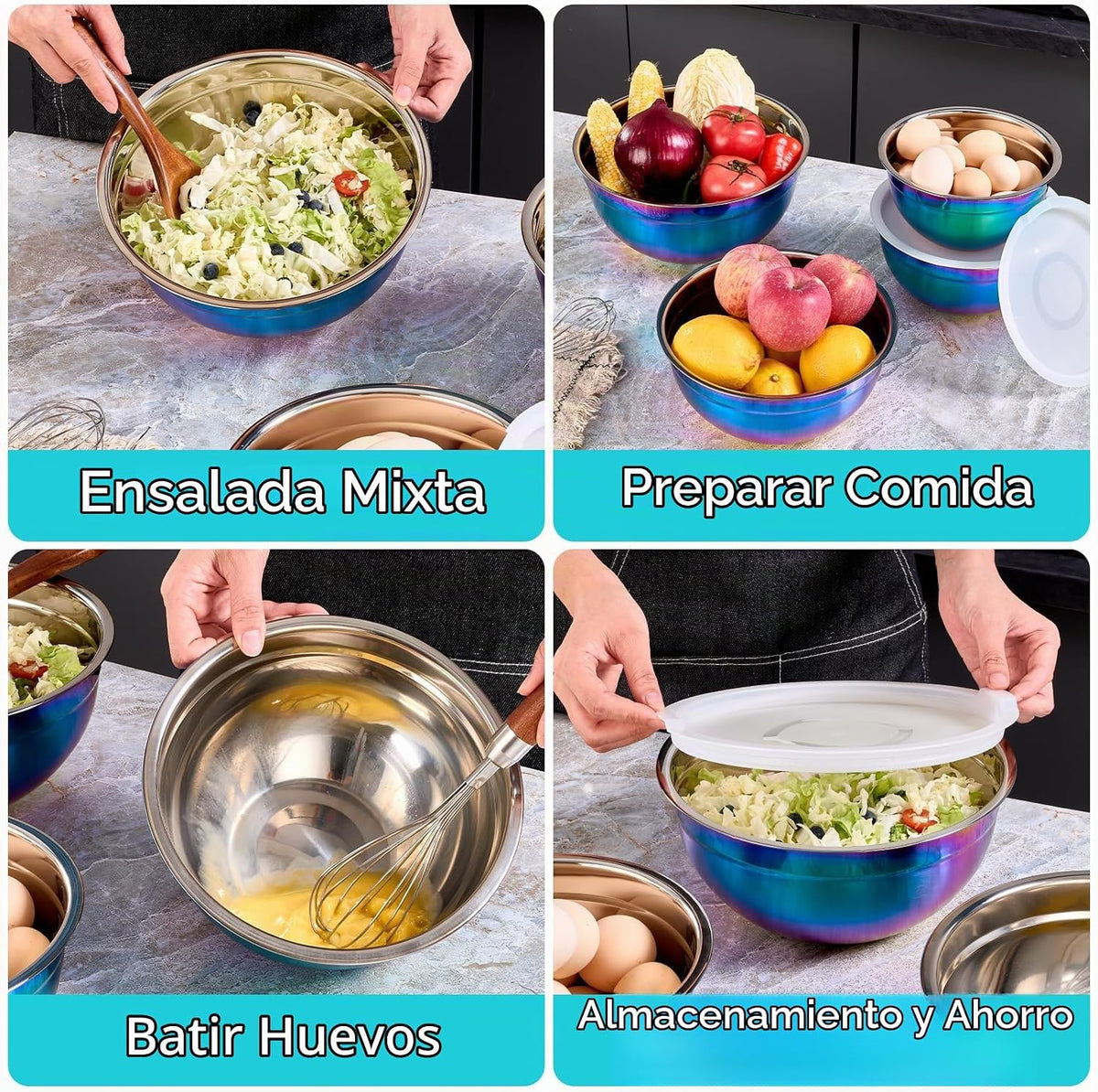 DINYWOW Juego de 4 cuencos de mezcla arcoíris con tapas para cocina...