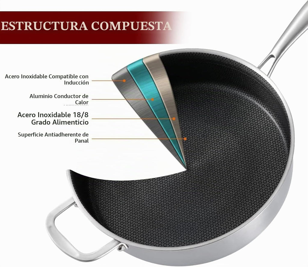 LOLYKITCH 6 QT Sartén para saltear de acero inoxidable de tres capa...