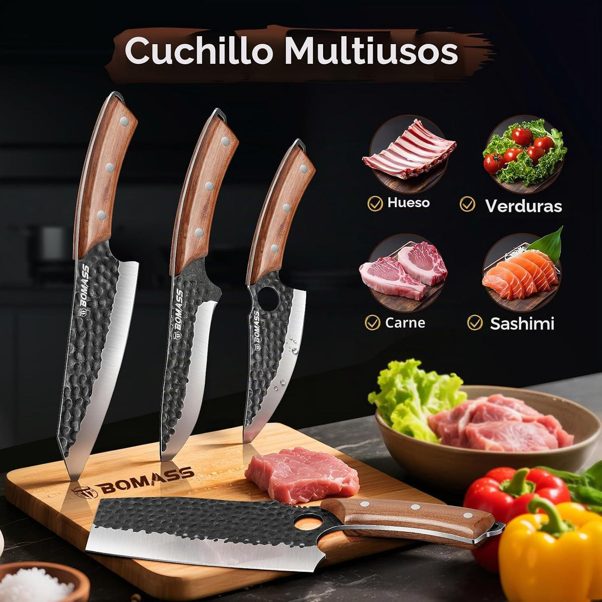 BOMASSFORGE Juego de cuchillos de carnicero de 5 piezas, juego de c...