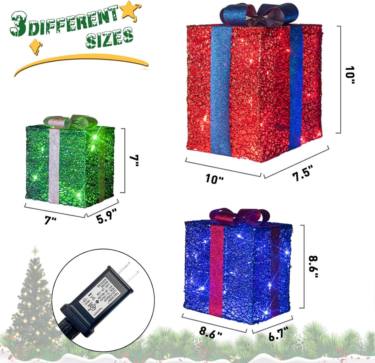 PEIDUO Cajas de regalo iluminadas de Navidad, juego de 3, decoracio...