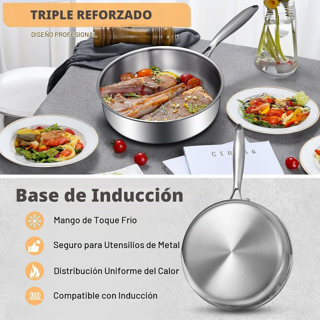 EWFEN Sartén de Acero Inoxidable de Tres Capas 3QT, Sartén Profunda...