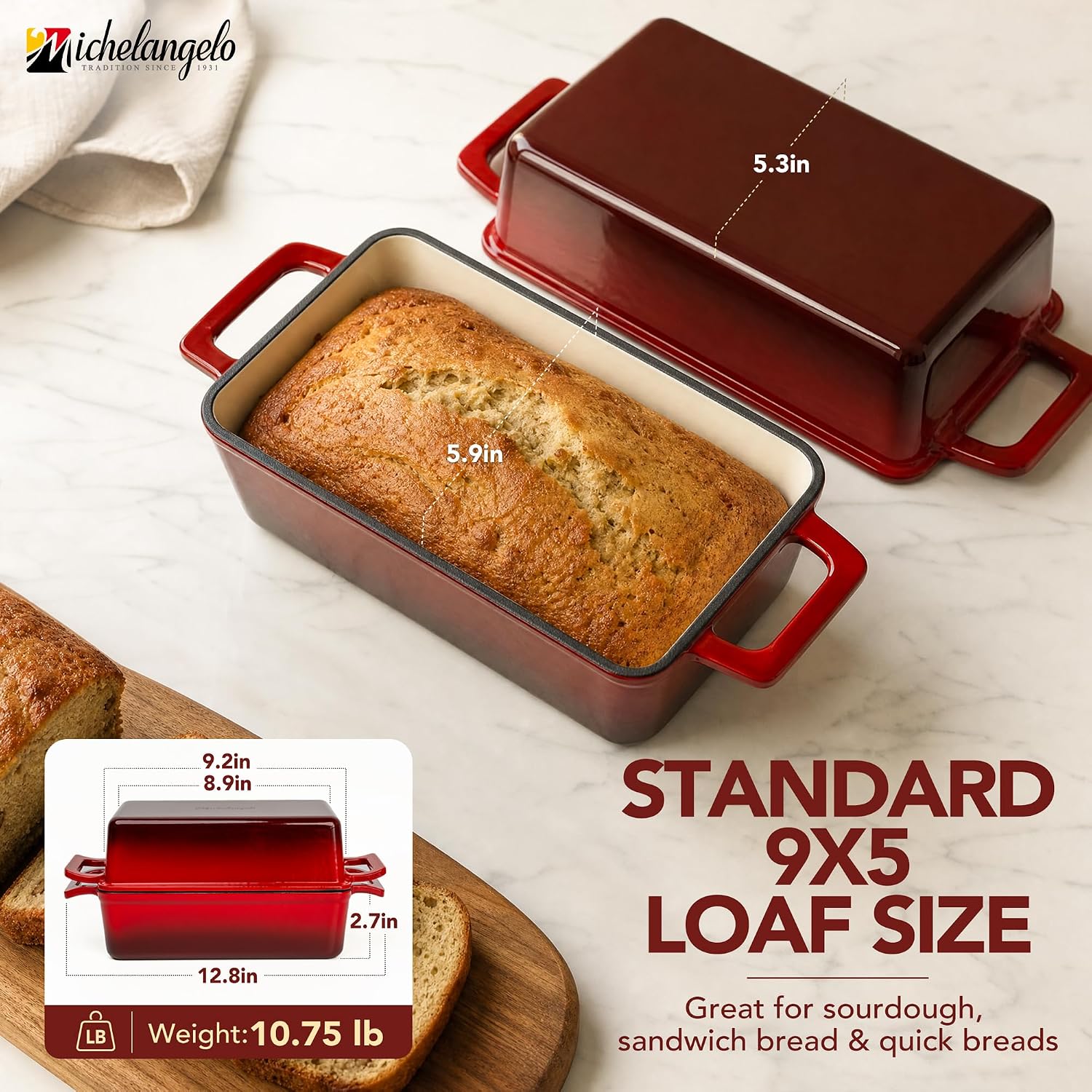 MICHELANGELO Pan de hierro fundido esmaltado con tapa, sartén para...