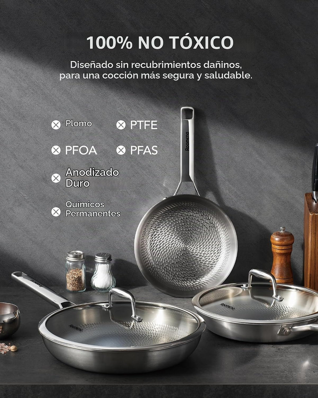 Sartén Roomena Titanium para cocinar, 12 pulgadas con tapa, sartén...