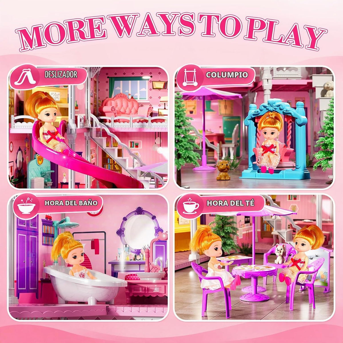 Casa rosa de 4 pisos para niñas de 3 años en adelante, juego de vil...