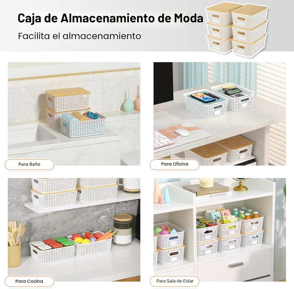 Ohmlove - Cestas de almacenamiento de plástico con tapa de bambú -...