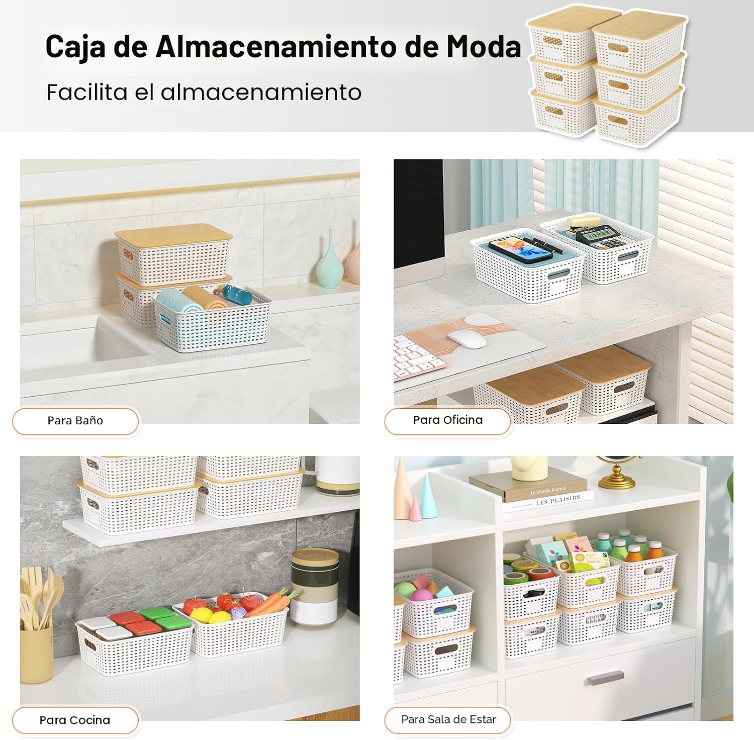 Ohmlove - Cestas de almacenamiento de plástico con tapa de bambú -...