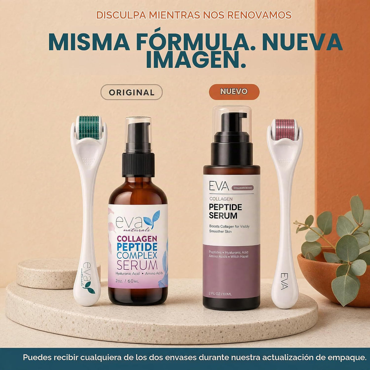 Suero peptídico Eva Naturals, kit de microagujas con rodillo Derma...