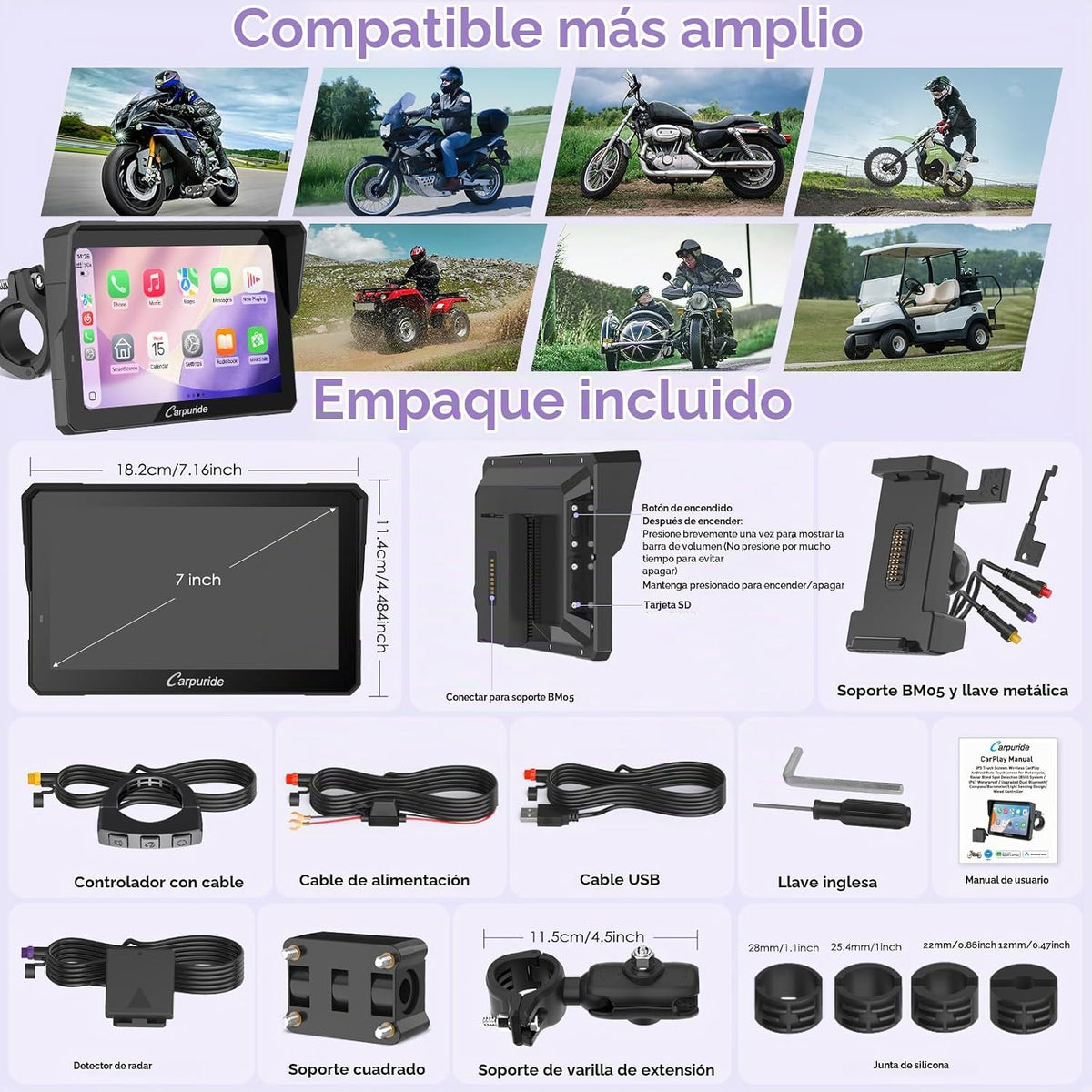 Carpuride W702RS PRO 7" motocicleta inalámbrica CarPlay Android Aut...