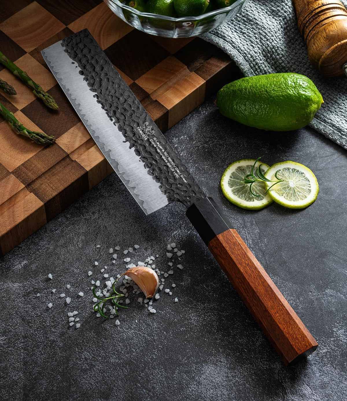 FAMCÜTE Cuchillo japonés Nakiri de 7 pulgadas, cuchillo de cocina d...