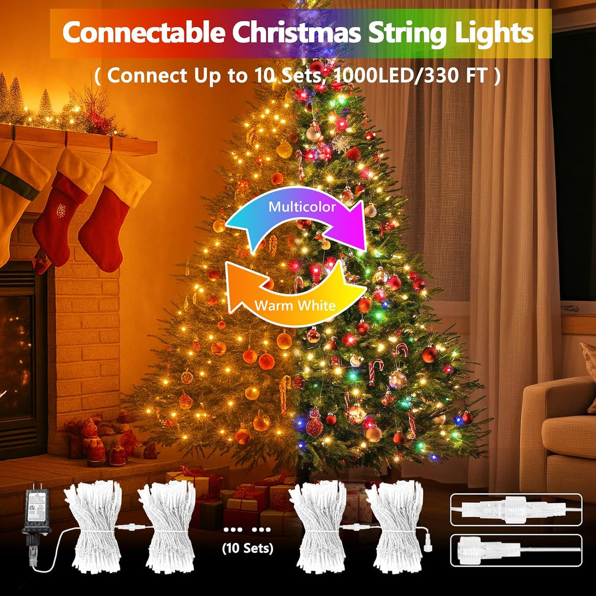 Guirnalda de 100 luces LED conectables con control remoto, blanco c...