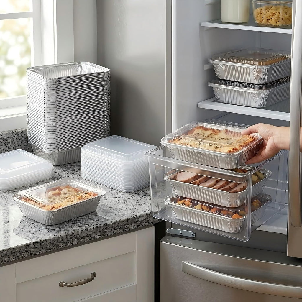 Julpvom Paquete de 50 bandejas de aluminio con tapas, recipientes d...
