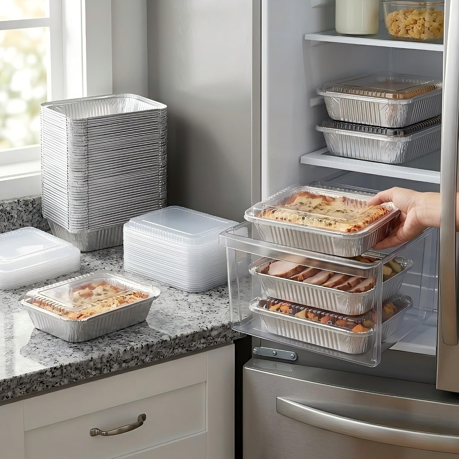 Julpvom Paquete de 50 bandejas de aluminio con tapas, recipientes d...