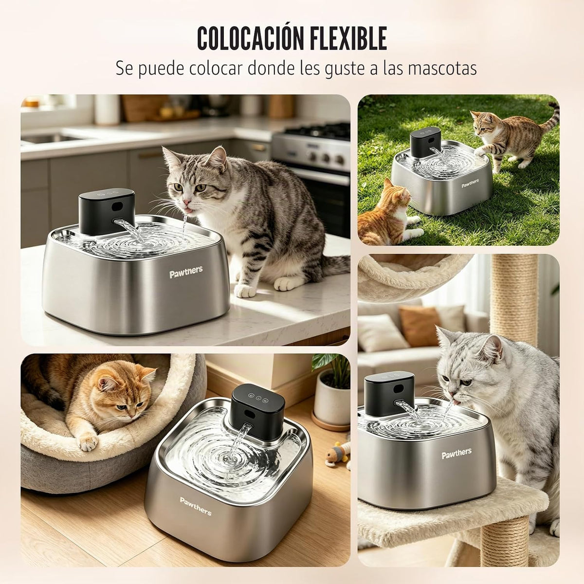 Pawtners Fuente de agua para gatos sin bombeo de acero inoxidable 1...