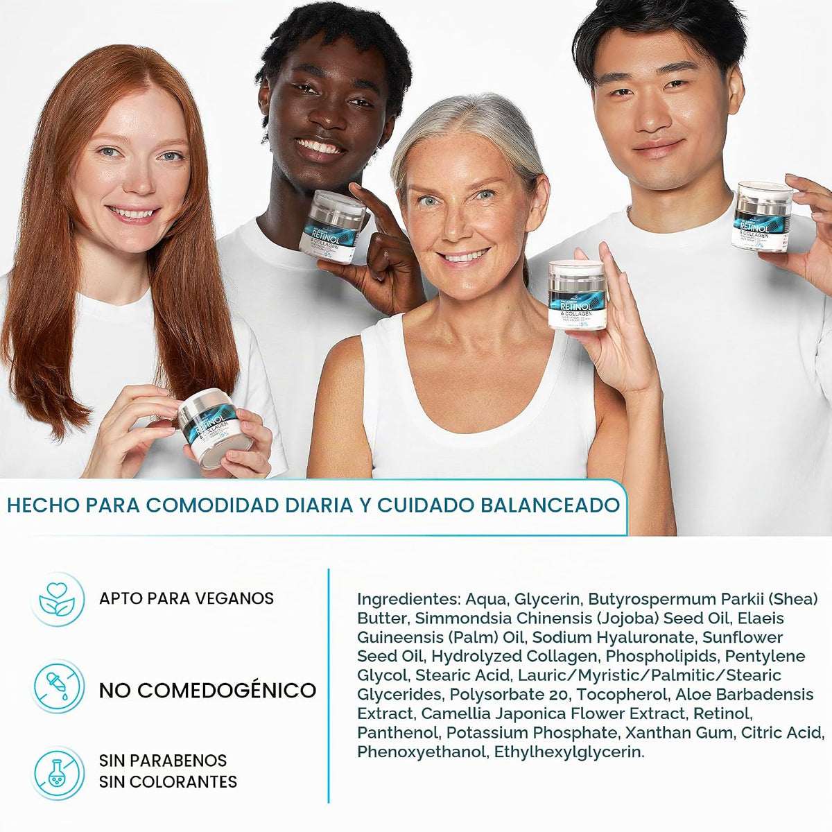 Crema hidratante facial con retinol, reafirmante de cuello con colá...