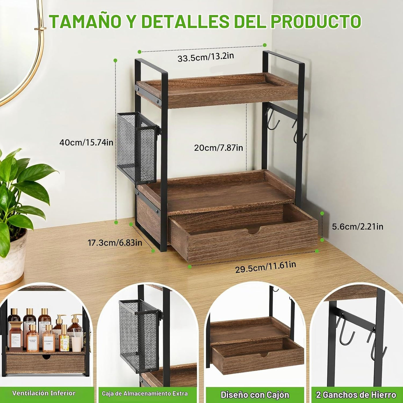 Organizador de mostrador de baño de 2 niveles con cesta de cajón y...