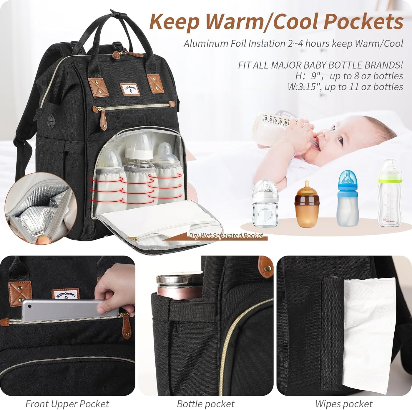 SUPROMOMI Mochila para pañales: bolsa de bebé grande para niños y n...