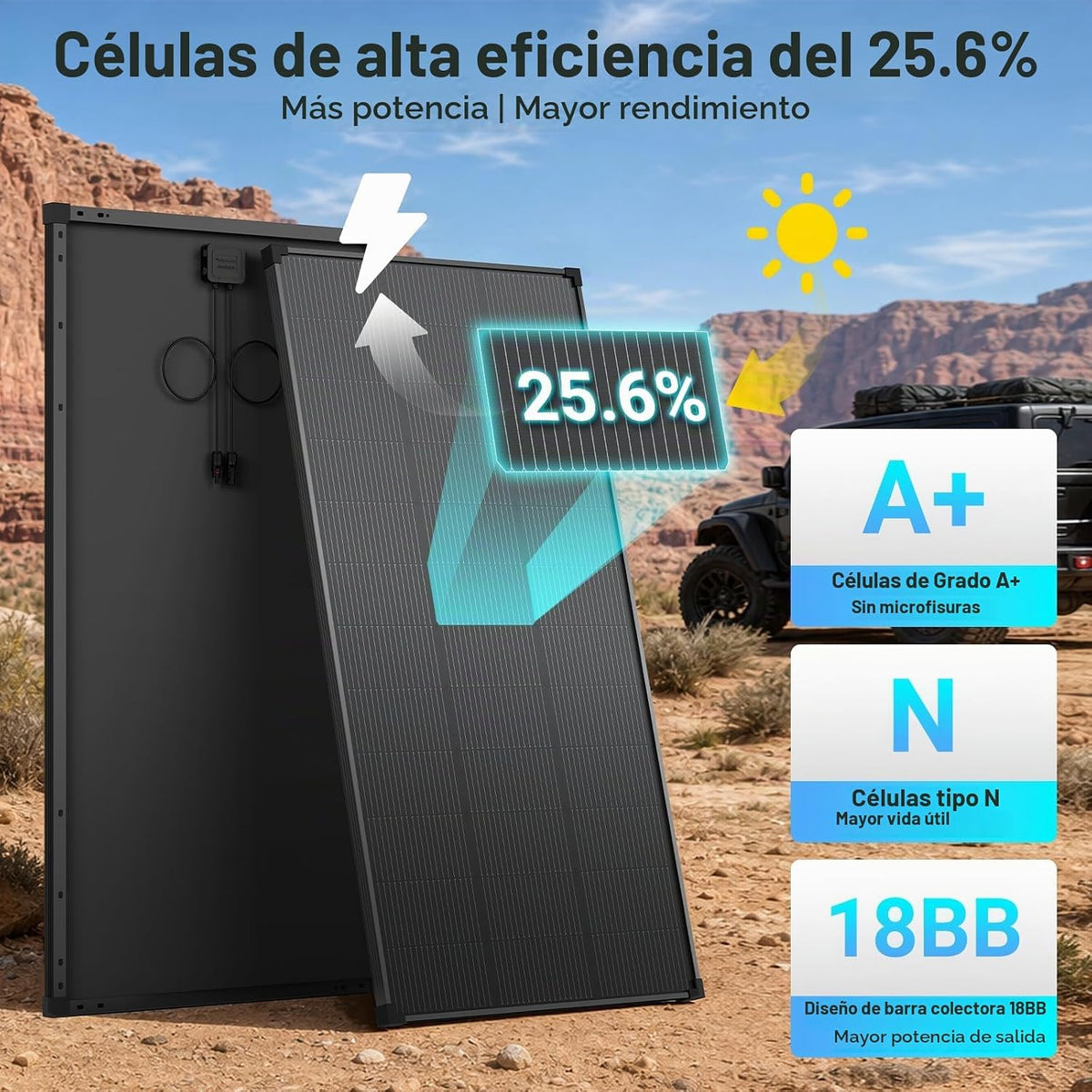 Panel solar de 200 vatios, 12 V tipo N 18BB, 25,6 % de alta eficien...