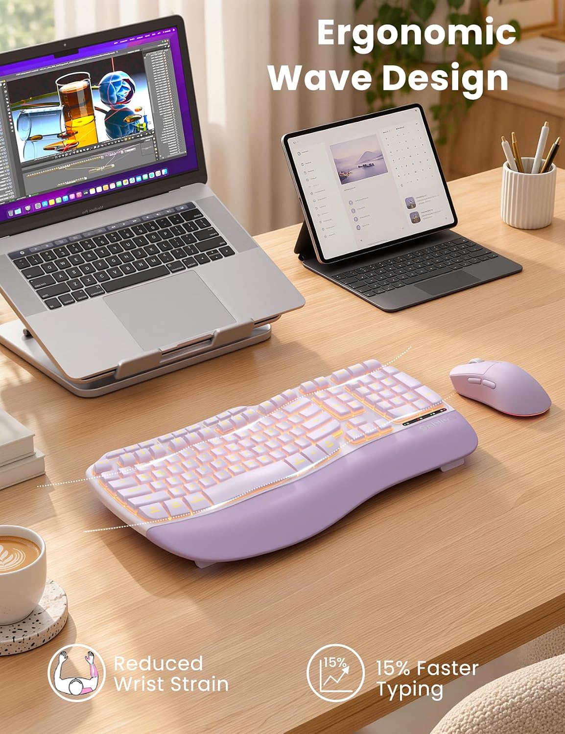 Combo de teclado y mouse inalámbricos ergonómicos morados, teclado...